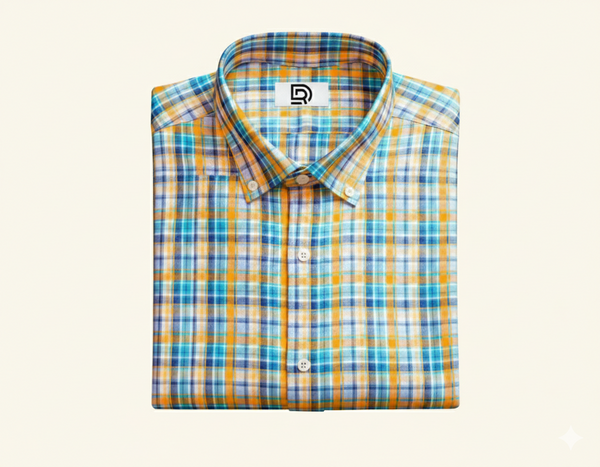 Soktas Giza Cotton Checks Shirting Fabric (Blue & Mustard).