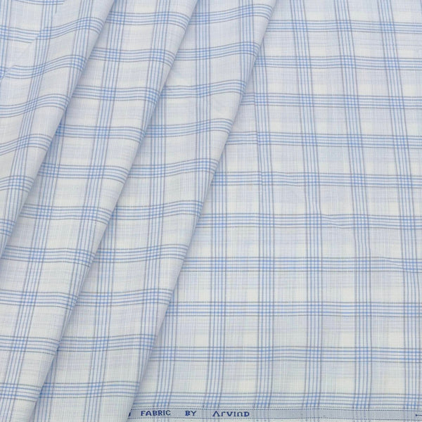Shirt Fabric Arvind Cotton Blended Broad Check Colour Light Blue N White