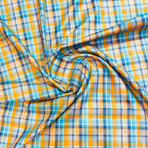 Soktas Giza Cotton Checks Shirting Fabric (Blue & Mustard).