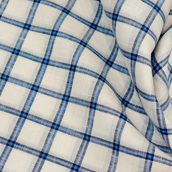 Burgyone Irish Linen 70 LEA Solid Shirting and Kurta Fabric (Blue Check with White Base).
