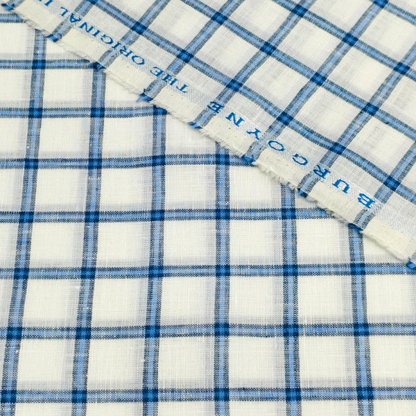 Burgyone Irish Linen 70 LEA Solid Shirting and Kurta Fabric (Blue Check with White Base).