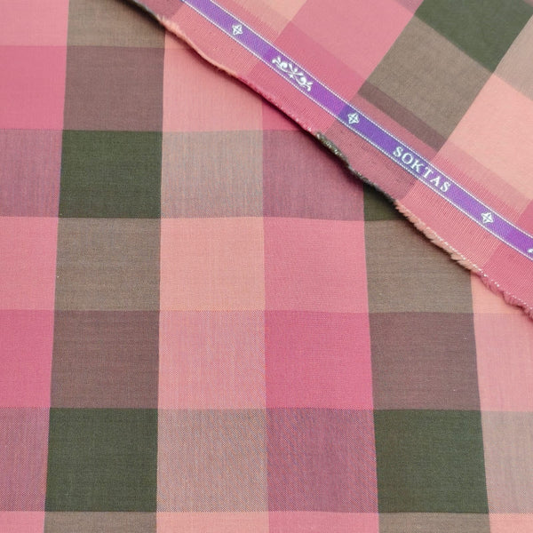 Soktas Giza Cotton Checks Shirting Fabric (Pink and Olive)