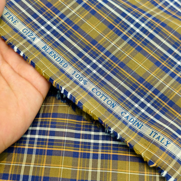 Cadini Italy Giza Cotton Check Shirting Fabric (Navy and Mehndi).