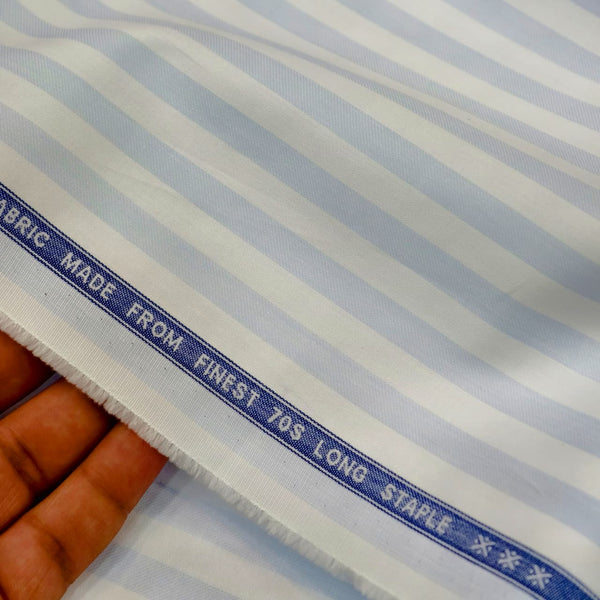 Tessuti Italy Egyptian Giza Cotton 70's Candy Striped Shirting and Kurta Fabric (White and Sky Blue)