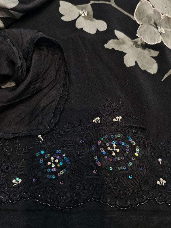 Elegant Pure Cotton Unstitched Suit Set with Muslin Printed Dupatta (Black).