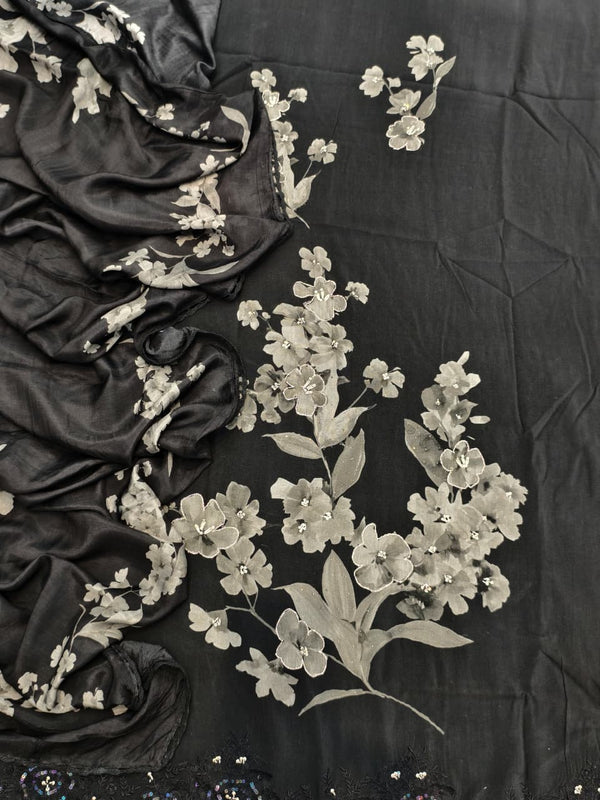 Elegant Pure Cotton Unstitched Suit Set with Muslin Printed Dupatta (Black).