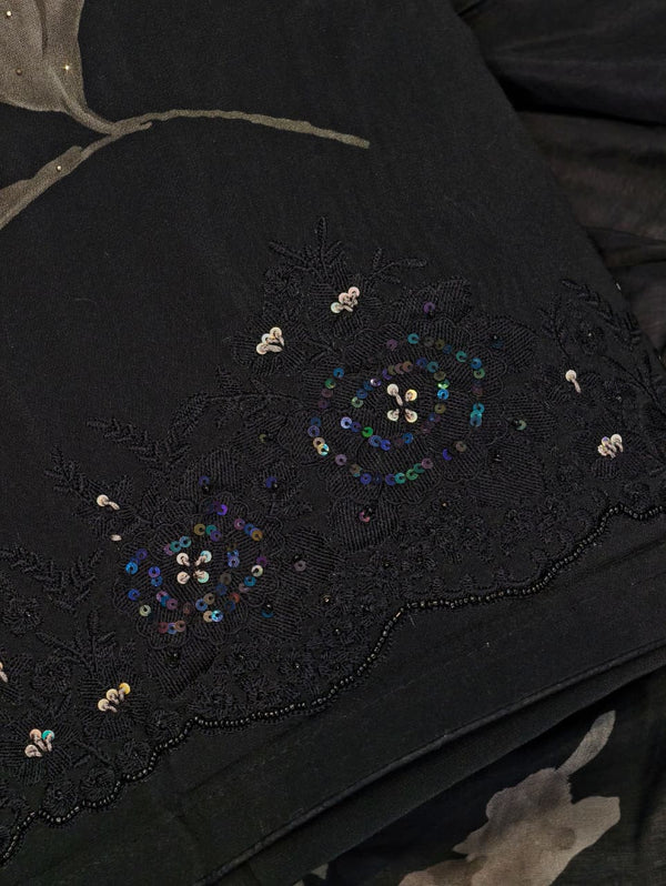 Elegant Pure Cotton Unstitched Suit Set with Muslin Printed Dupatta (Black).