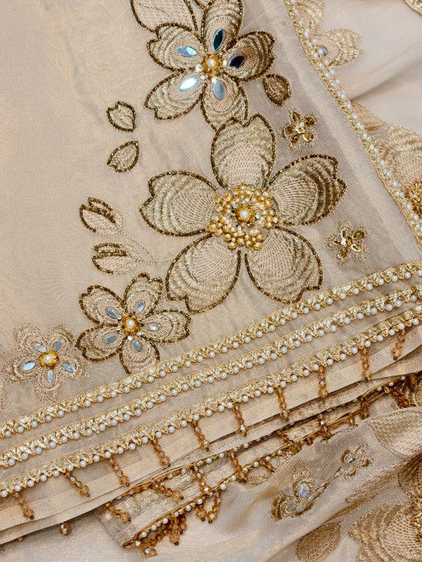 Elegant unstitched suit set in pure shimmer silk (Ivory).