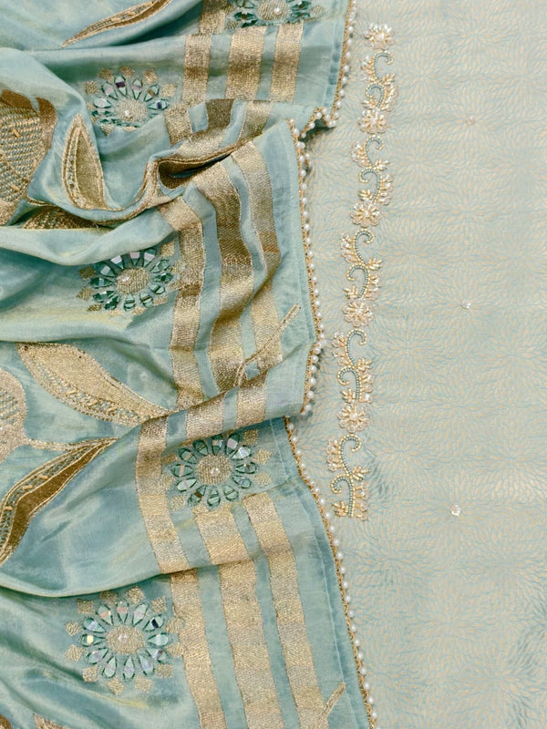 Pure Jacquard Silk with Exquisite Handwork Unstitched Suit Set( Aqua Green)