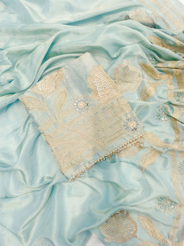 Pure Jacquard Silk with Exquisite Handwork Unstitched Suit Set( Aqua Green)