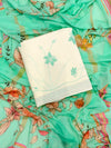 Beautifully Thread Crafted Pure Cotton Unstitched Suit Set(White & Sea Green).