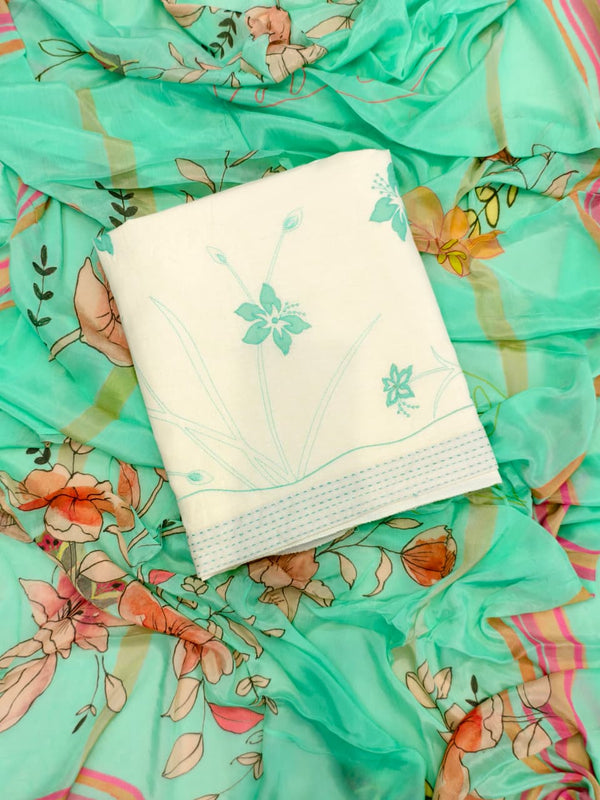 Beautifully Thread Crafted Pure Cotton Unstitched Suit Set(White & Sea Green).