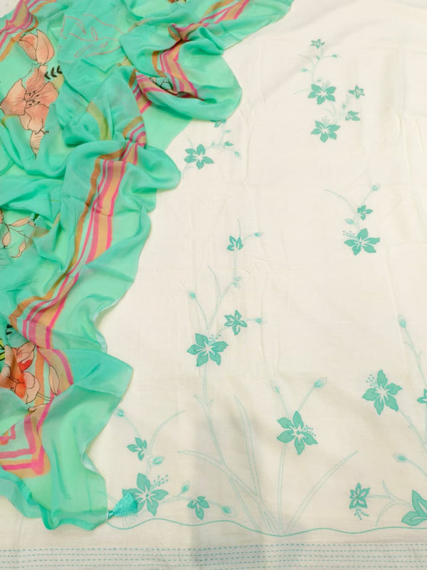Beautifully Thread Crafted Pure Cotton Unstitched Suit Set(White & Sea Green).
