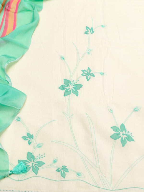 Beautifully Thread Crafted Pure Cotton Unstitched Suit Set(White & Sea Green).