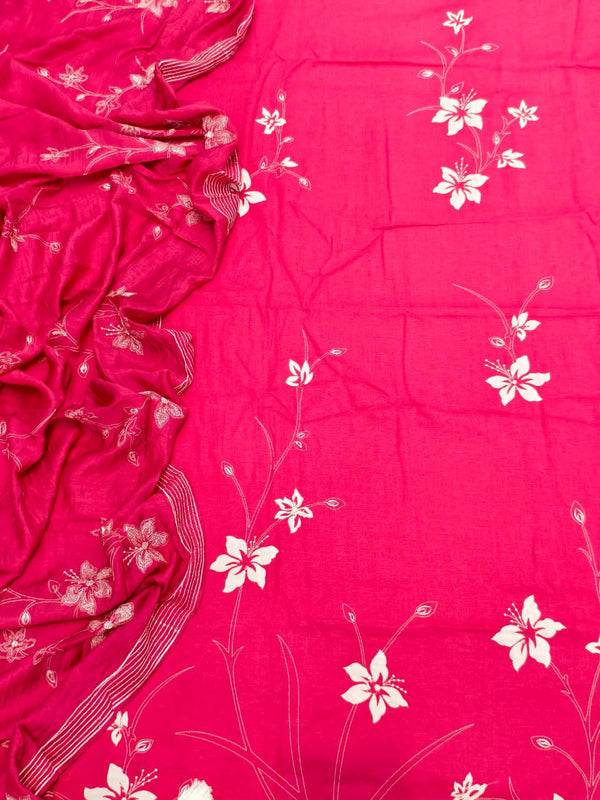 Beautifully Detailed Elegant Unstitched Cotton Suit Set in Hot Pink