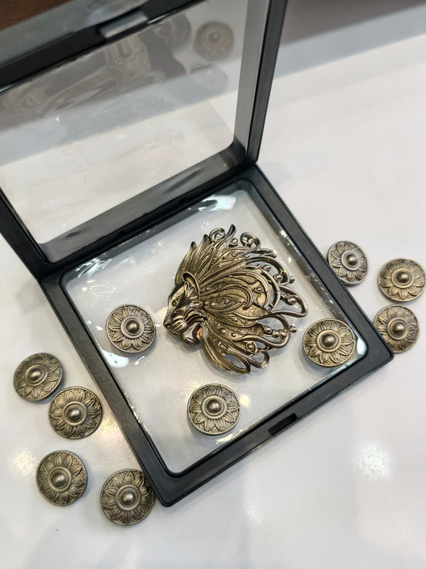 Artistic Lion Head Brooch with Floral Button Set