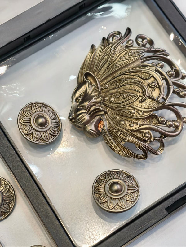 Artistic Lion Head Brooch with Floral Button Set