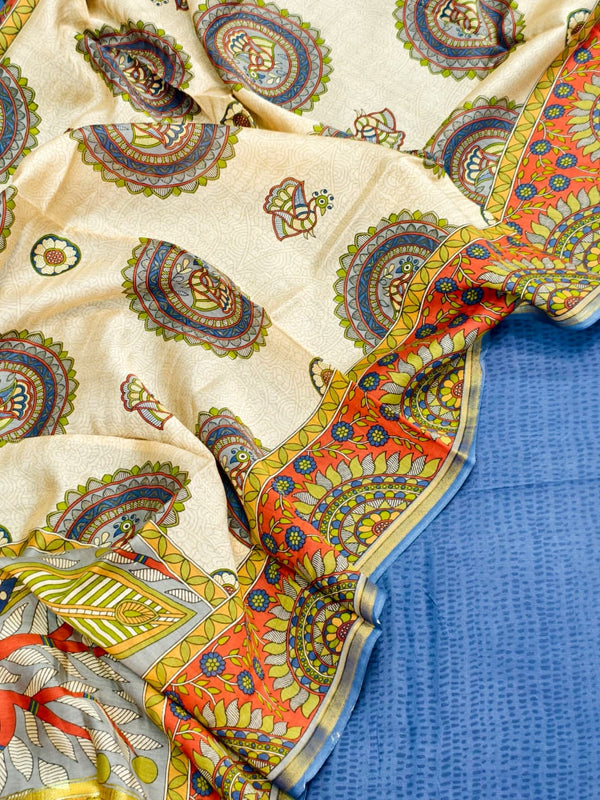 Exquisite Unstitched Suit Set Crafted in Luxurious Pure Maheshwari Silk Fabric (Royal Blue).