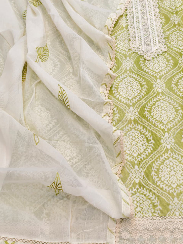 Pure Cotton Unstitched Suit Set in Lime and White