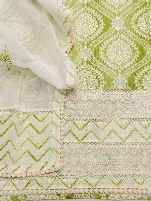 Pure Cotton Unstitched Suit Set in Lime and White