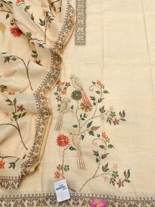 Elegant Shimmer Linen Unstitched Suit Set with Pure Silk Bottom with Printed Linen Dupatta(Ivory).)