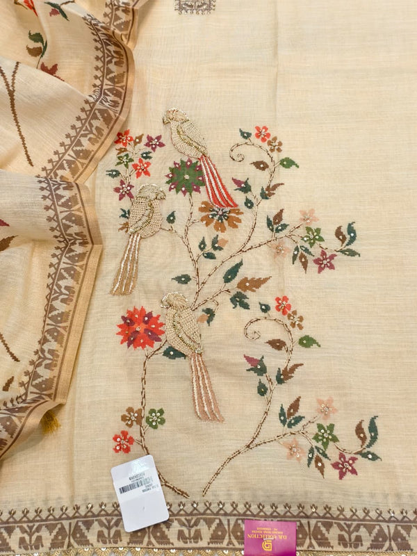 Elegant Shimmer Linen Unstitched Suit Set with Pure Silk Bottom with Printed Linen Dupatta(Ivory).)
