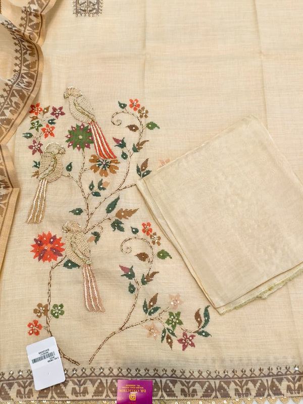 Elegant Shimmer Linen Unstitched Suit Set with Pure Silk Bottom with Printed Linen Dupatta(Ivory).)