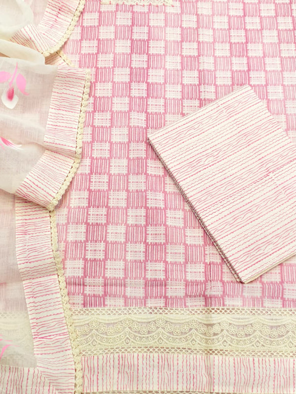 Pretty in Pink Pure Cotton Unstitched Suit Set with Pure Cotton Bottom and Brush Print Cotton Dupatta