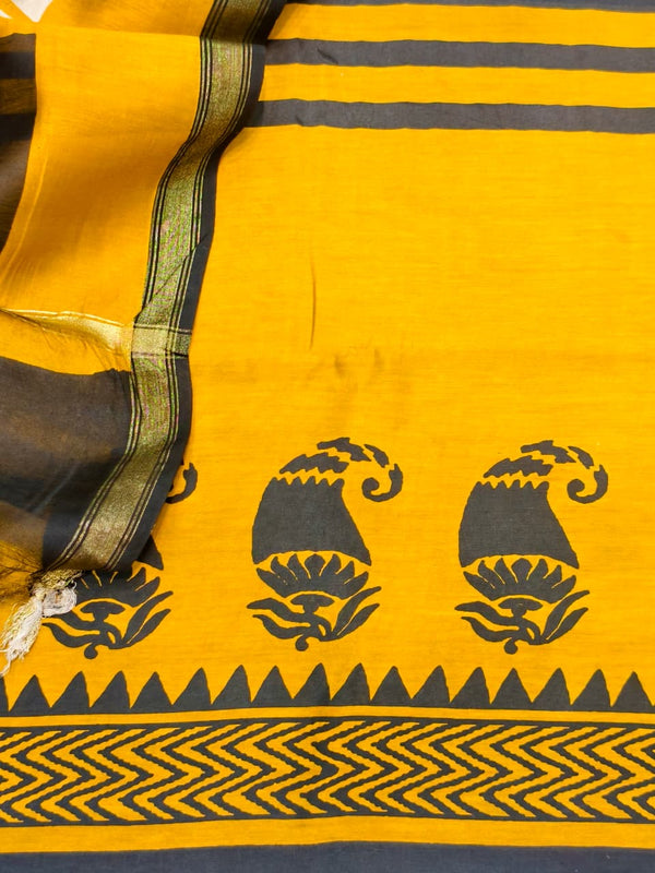 Exquisite Unstitched Suit Set Crafted in Luxurious Pure Maheshwari Silk Fabric (Mustard).