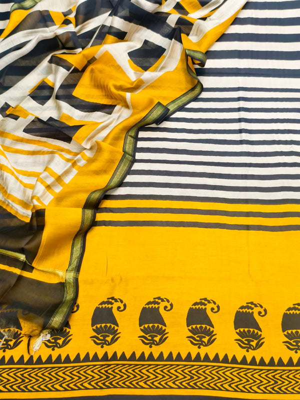 Exquisite Unstitched Suit Set Crafted in Luxurious Pure Maheshwari Silk Fabric (Mustard).