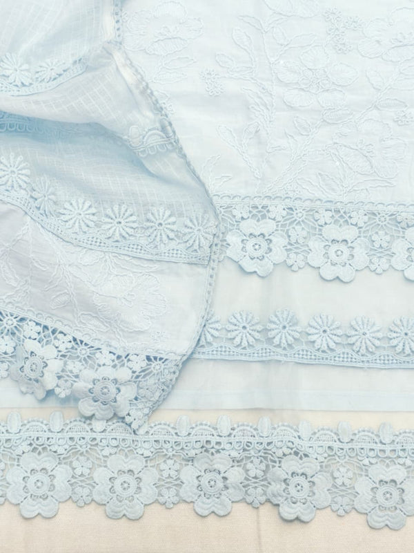 Pure Cotton Lucknowi Chikankari Unstitched Suit Set (Powder Blue)