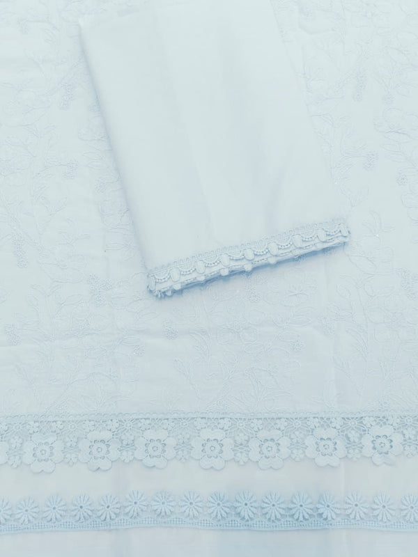 Pure Cotton Lucknowi Chikankari Unstitched Suit Set (Powder Blue)