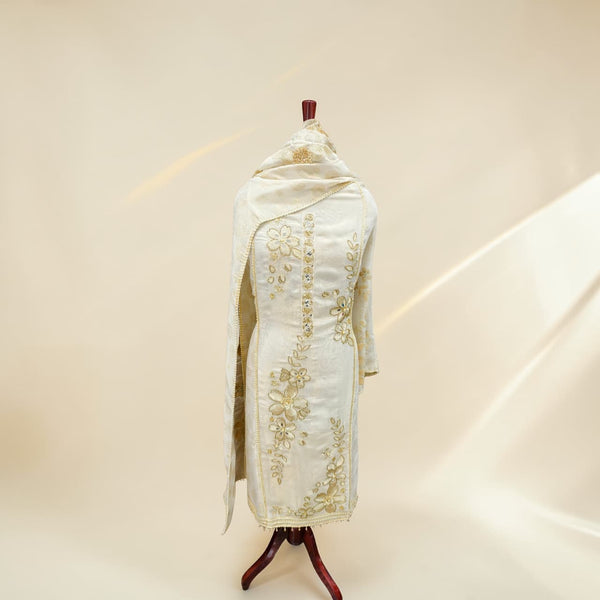 Elegant unstitched suit set in pure shimmer silk (Ivory).