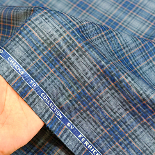 Almonti Men’s Terry Rayon Checked Unstitched Suiting Fabric (Blue and Grey)