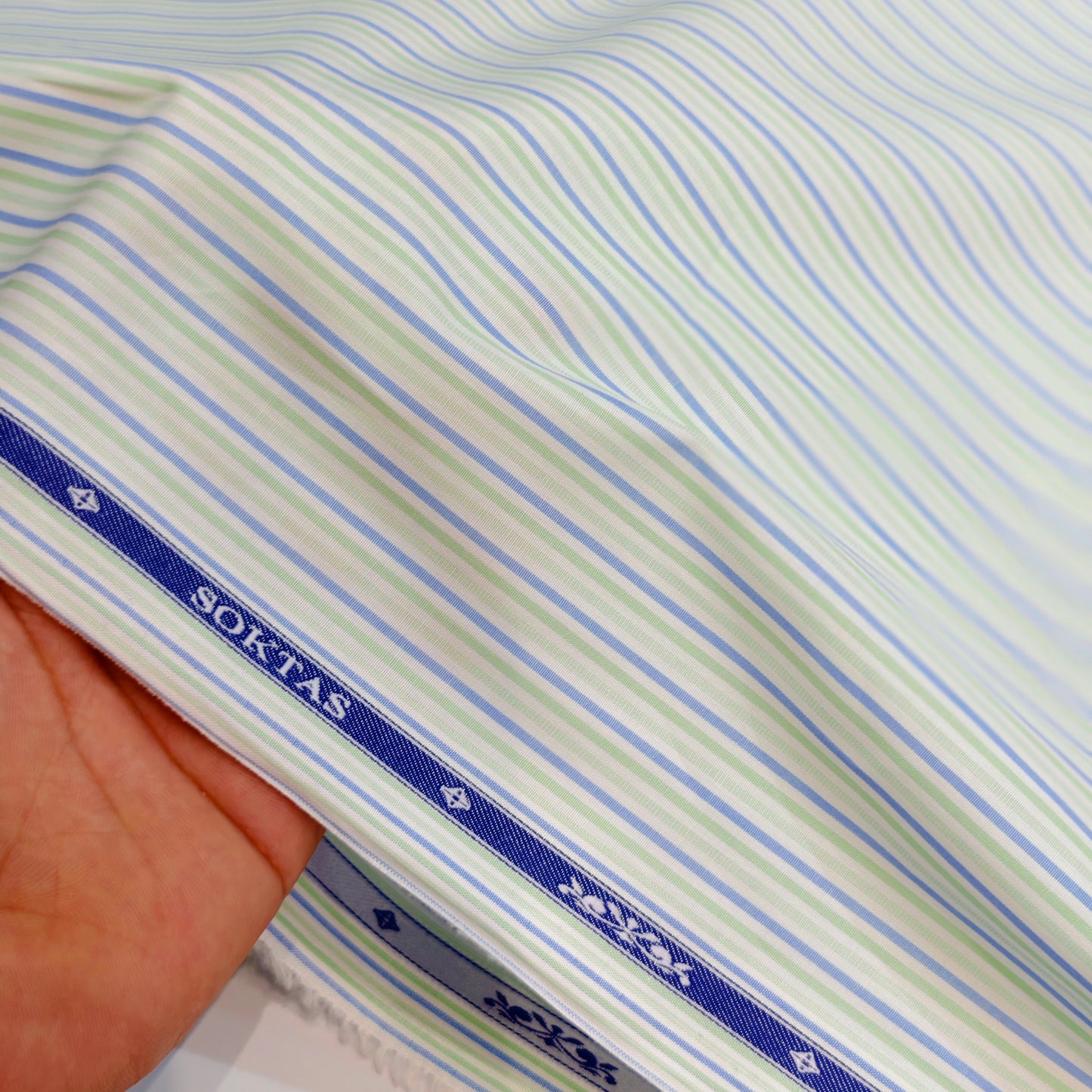 Soktas Giza Cotton Striped Shirting Fabric (Blue and Green).