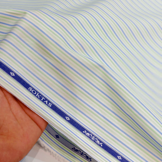 Soktas Giza Cotton Striped Shirting Fabric (Blue and Green).