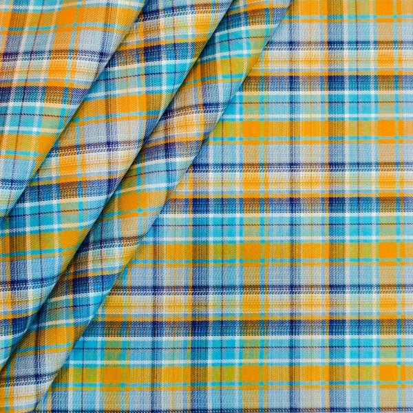 Soktas Giza Cotton Checks Shirting Fabric (Blue &amp; Mustard).