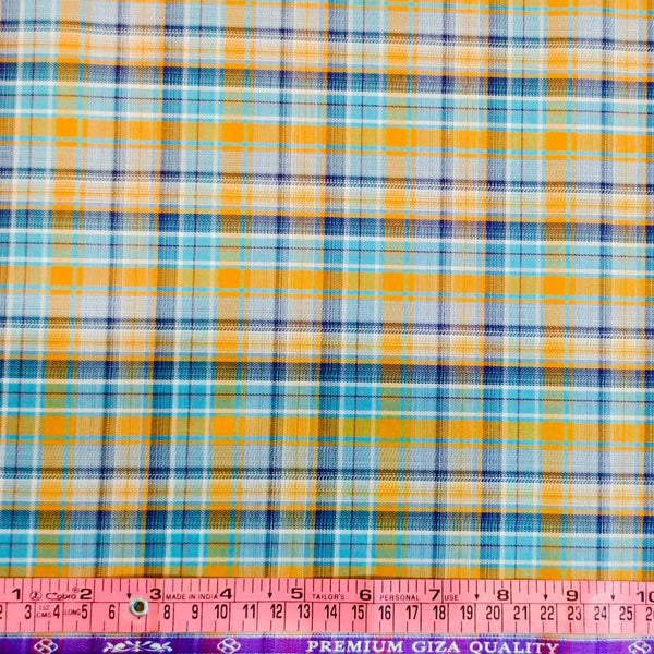 Soktas Giza Cotton Checks Shirting Fabric (Blue &amp; Mustard).