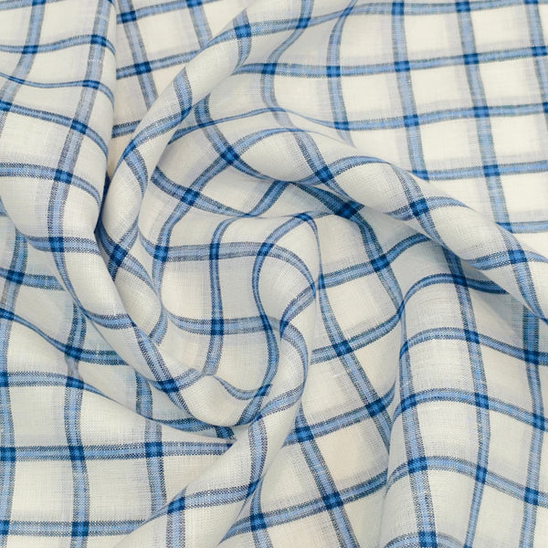 Burgyone Irish Linen 70 LEA Solid Shirting and Kurta Fabric (Blue Check with White Base).