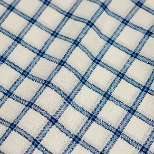 Burgyone Irish Linen 70 LEA Solid Shirting and Kurta Fabric (Blue Check with White Base).