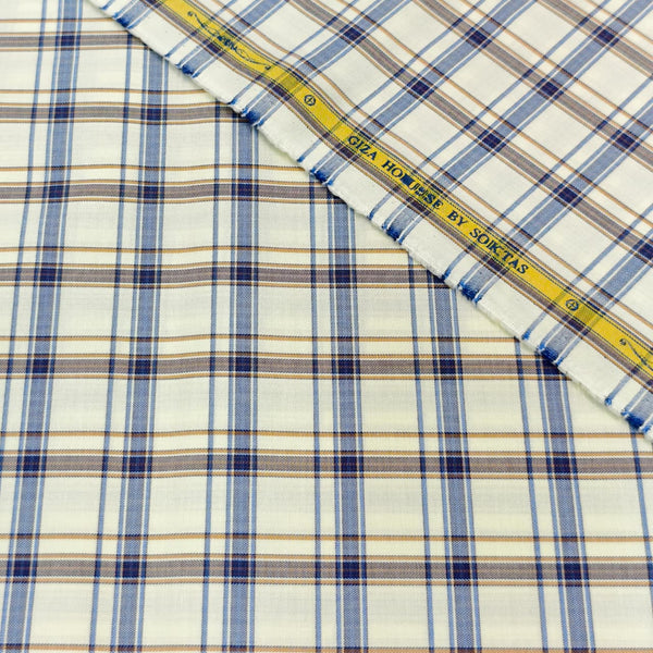 Soktas By Giza House Giza Cotton Checks Shirting Fabric (Cream and Blue).