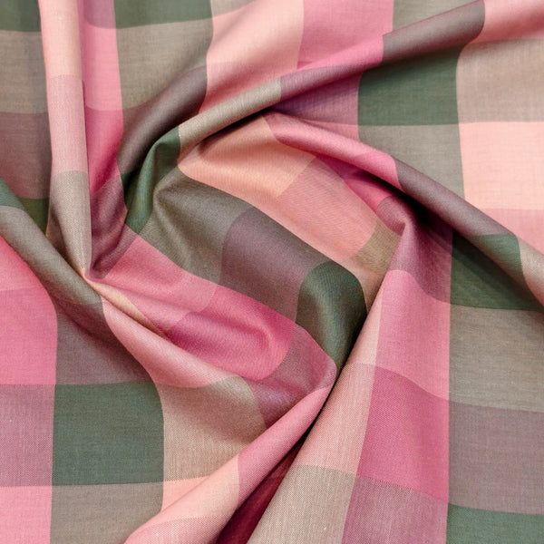 Soktas Giza Cotton Checks Shirting Fabric (Pink and Olive)