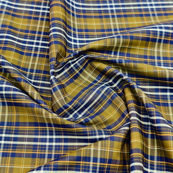 Cadini Italy Giza Cotton Check Shirting Fabric (Navy and Mehndi).