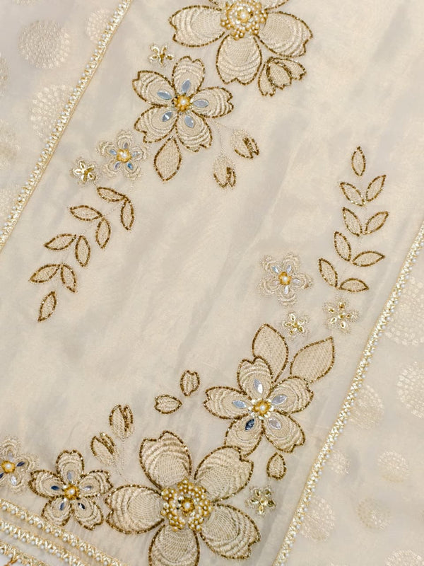 Elegant unstitched suit set in pure shimmer silk (Ivory).