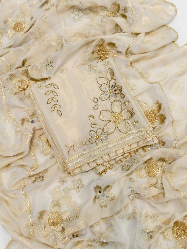 Elegant unstitched suit set in pure shimmer silk (Ivory).