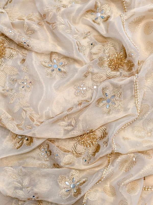 Elegant unstitched suit set in pure shimmer silk (Ivory).