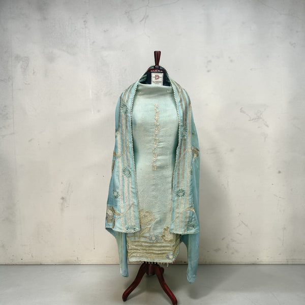 Pure Jacquard Silk with Exquisite Handwork Unstitched Suit Set( Aqua Green)