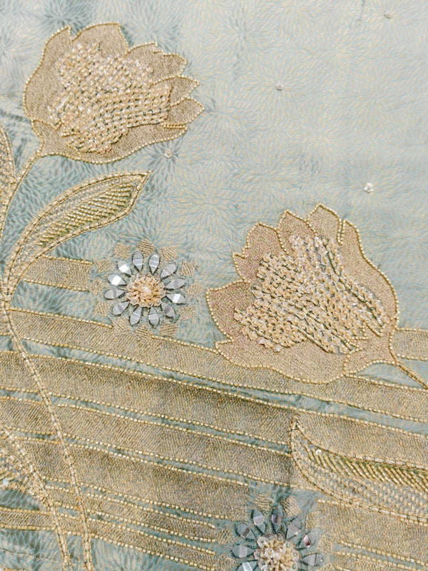 Pure Jacquard Silk with Exquisite Handwork Unstitched Suit Set( Aqua Green)