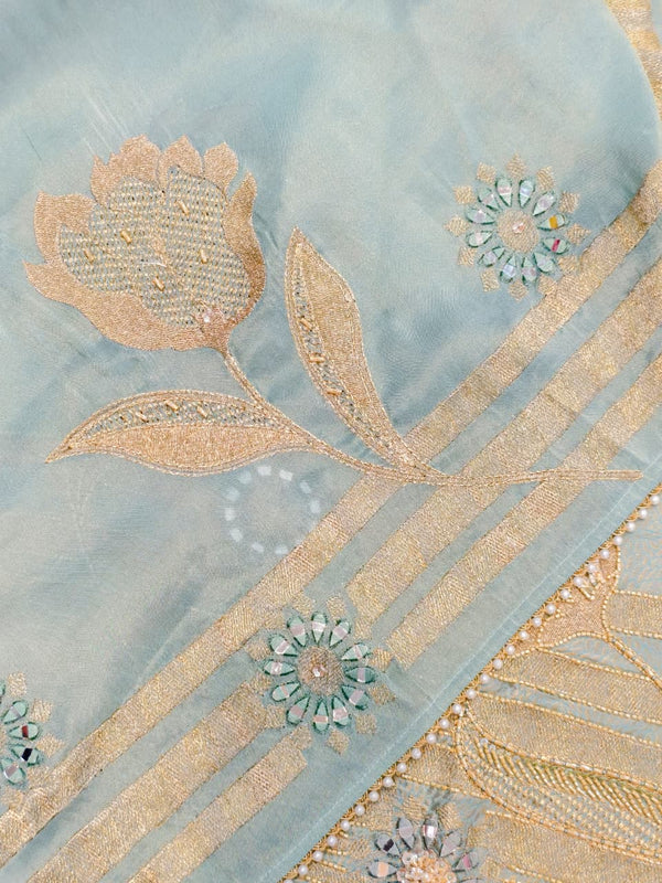 Pure Jacquard Silk with Exquisite Handwork Unstitched Suit Set( Aqua Green)