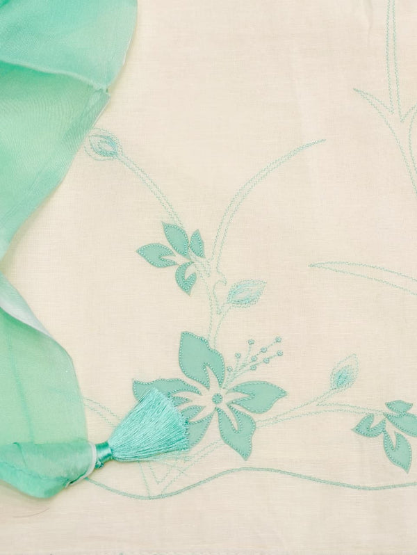 Beautifully Thread Crafted Pure Cotton Unstitched Suit Set(White & Sea Green).